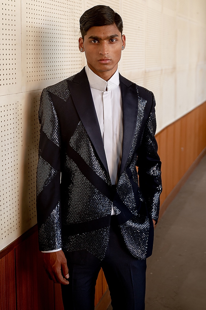 Black Suiting Hand Embroidered Tuxedo Set by Amaare at Pernia's Pop Up Shop