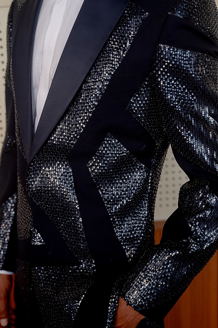 Black Suiting Hand Embroidered Tuxedo Set by Amaare at Pernia's Pop Up Shop