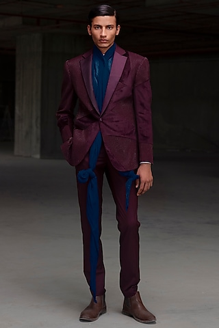 Wine Silk Velvet Hand Embroidered Tuxedo Set by Amaare