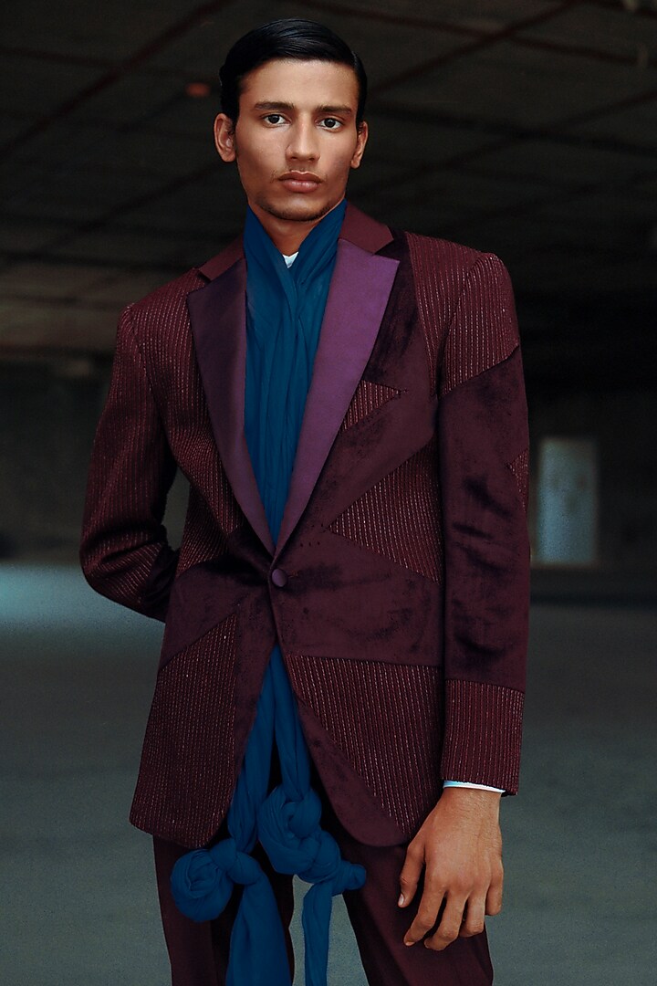 Wine Silk Velvet Hand Embroidered Tuxedo Set by Amaare at Pernia's Pop Up Shop
