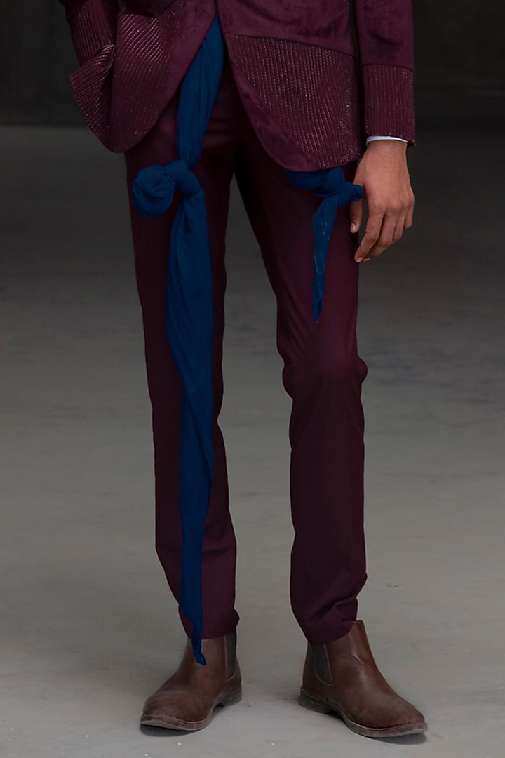 Wine Silk Velvet Hand Embroidered Tuxedo Set by Amaare at Pernia's Pop Up Shop