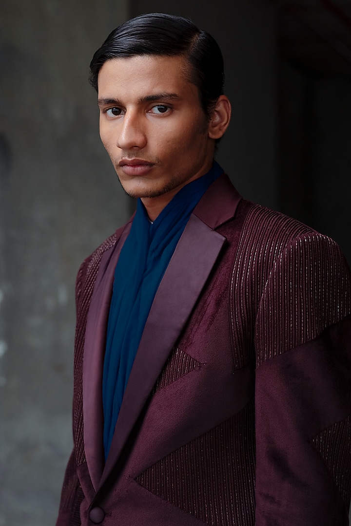 Wine Silk Velvet Hand Embroidered Tuxedo Set by Amaare at Pernia's Pop Up Shop