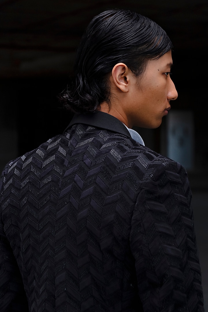 Black Suiting Hand Embroidered Tuxedo Set by Amaare at Pernia's Pop Up Shop