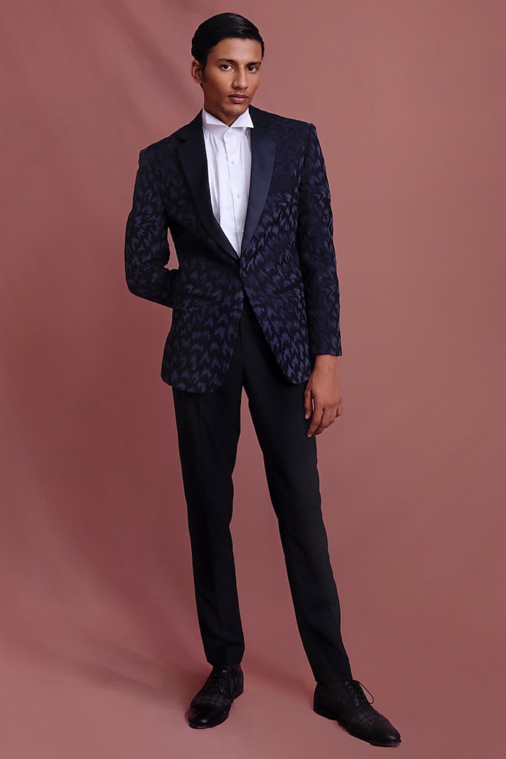 Midnight Blue Suiting Applique Embroidered Tuxedo Set by Amaare at Pernia's Pop Up Shop