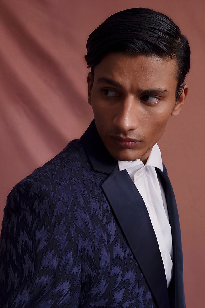 Midnight Blue Suiting Applique Embroidered Tuxedo Set by Amaare at Pernia's Pop Up Shop