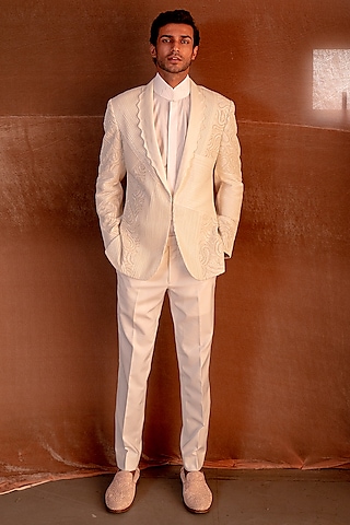 White Suiting Hand Embroidered Tuxedo Set by Amaare