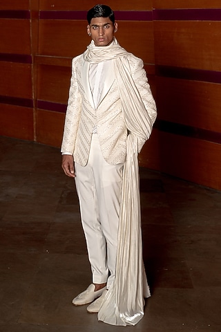 White Silk Hand Embroidered Tuxedo Set by Amaare