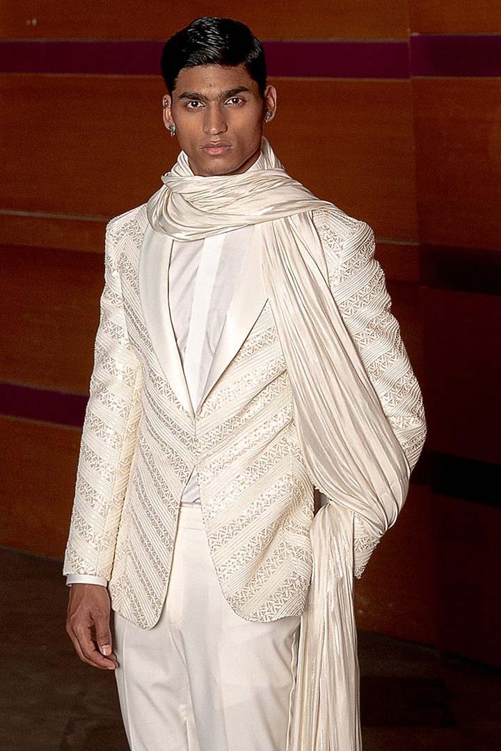White Silk Hand Embroidered Tuxedo Set by Amaare at Pernia's Pop Up Shop