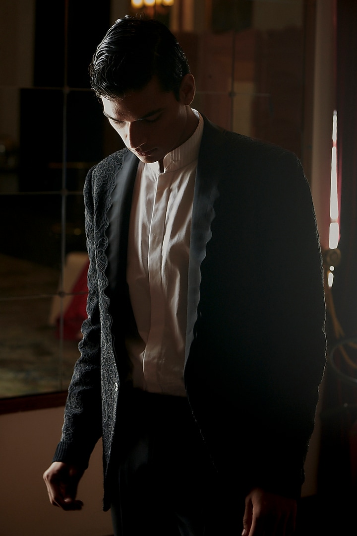 Black Suiting Bead Embroidered Tuxedo Set by Amaare at Pernia's Pop Up Shop