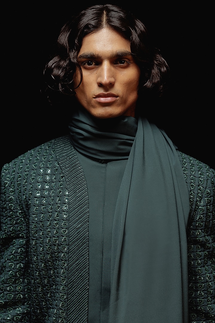 Bottle Green Silk Hand Embroidered Groom Bandhgala Set by Amaare at Pernia's Pop Up Shop