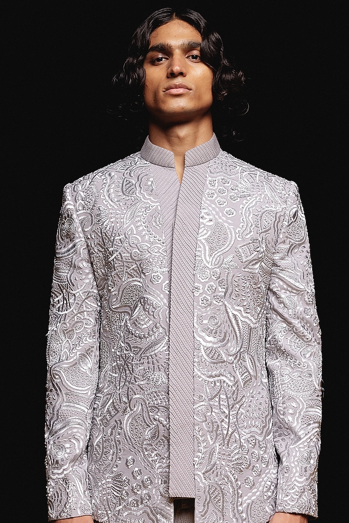 Mauve Silk Hand Embroidered Groom Bandhgala Set by Amaare at Pernia's Pop Up Shop