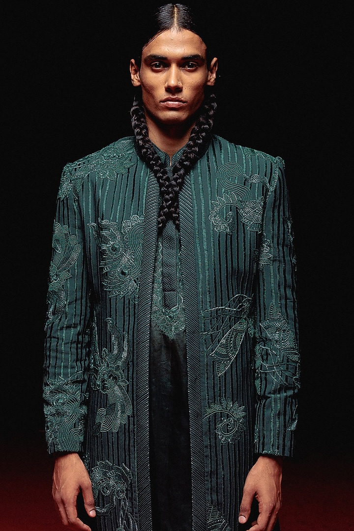 Bottle Green Silk Hand Embroidered Groom Bandhgala Set by Amaare at Pernia's Pop Up Shop