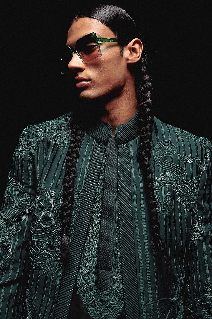 Bottle Green Silk Hand Embroidered Groom Bandhgala Set by Amaare at Pernia's Pop Up Shop
