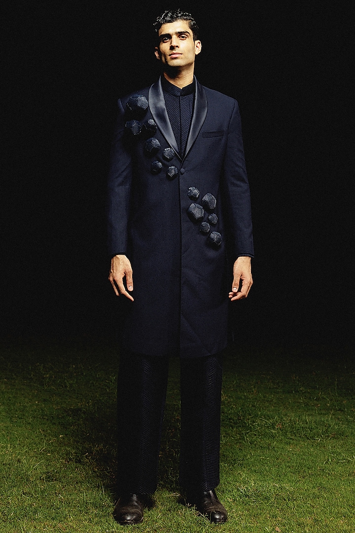 Navy Blue Silk Wool Blend Hand Embroidered Trench Coat With Jumpsuit by Amaare