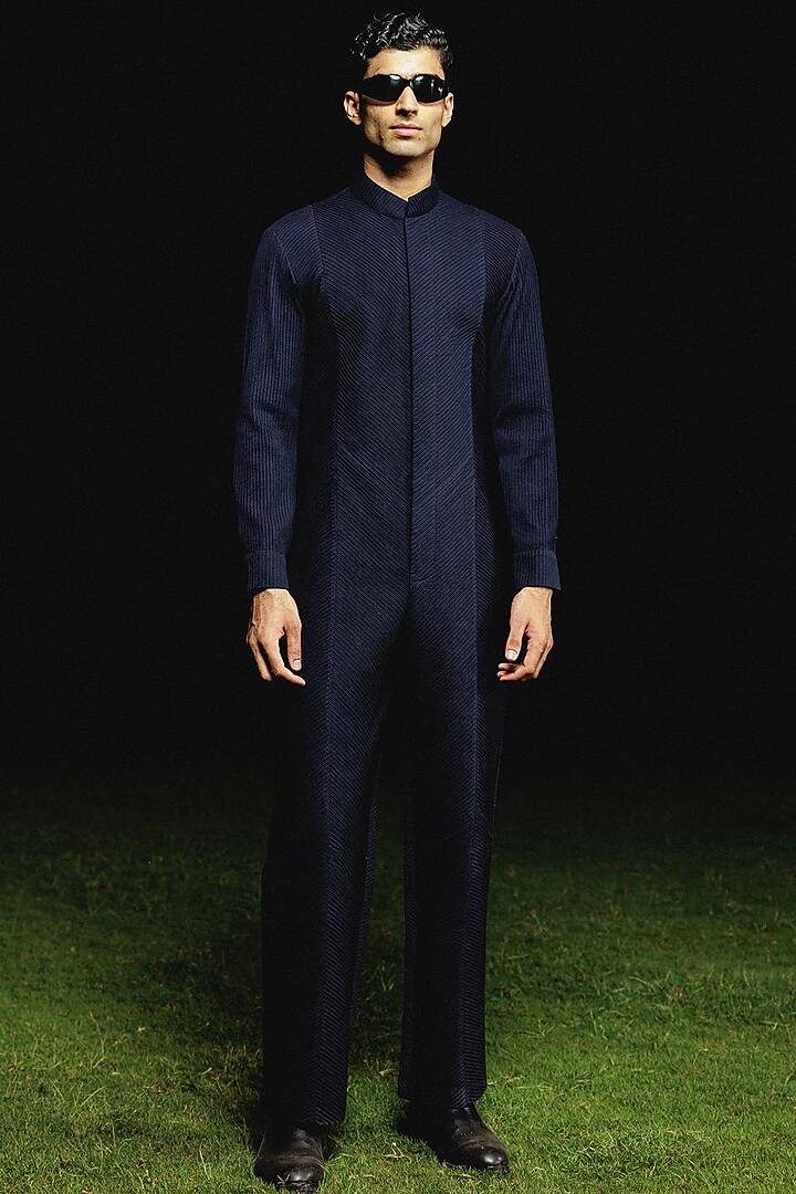 Navy Blue Silk Wool Blend Hand Embroidered Trench Coat With Jumpsuit by Amaare at Pernia's Pop Up Shop