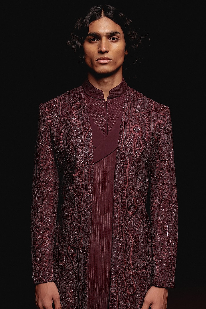 Wine Silk Hand Embroidered Groom Indowestern Set by Amaare at Pernia's Pop Up Shop