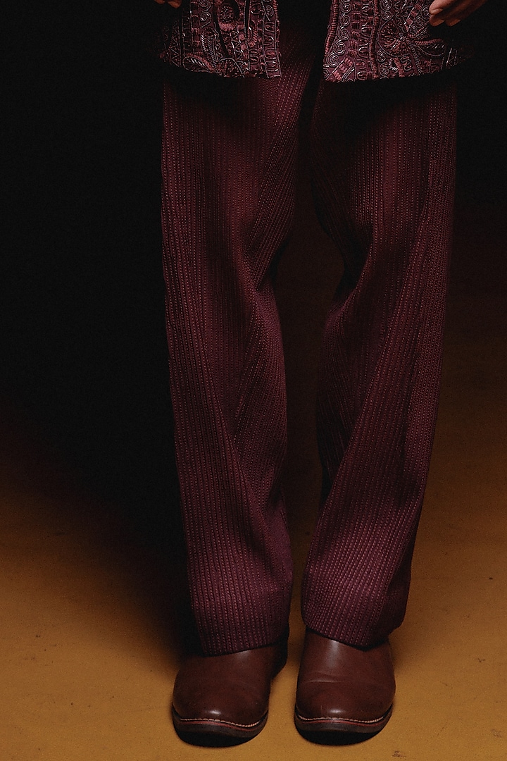 Wine Silk Hand Embroidered Groom Indowestern Set by Amaare at Pernia's Pop Up Shop