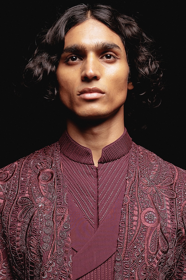 Wine Silk Hand Embroidered Groom Indowestern Set by Amaare at Pernia's Pop Up Shop