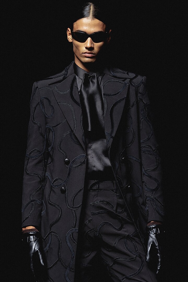 Black Suiting Hand Embroidered Trench Coat Set by Amaare at Pernia's Pop Up Shop
