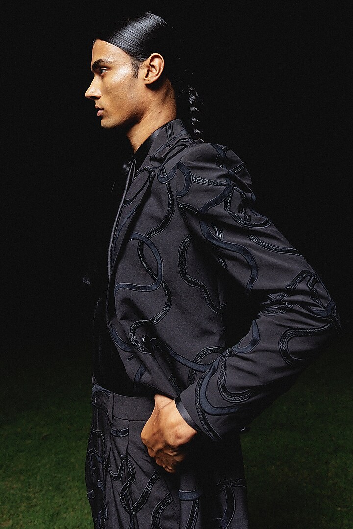 Black Suiting Hand Embroidered Trench Coat Set by Amaare at Pernia's Pop Up Shop