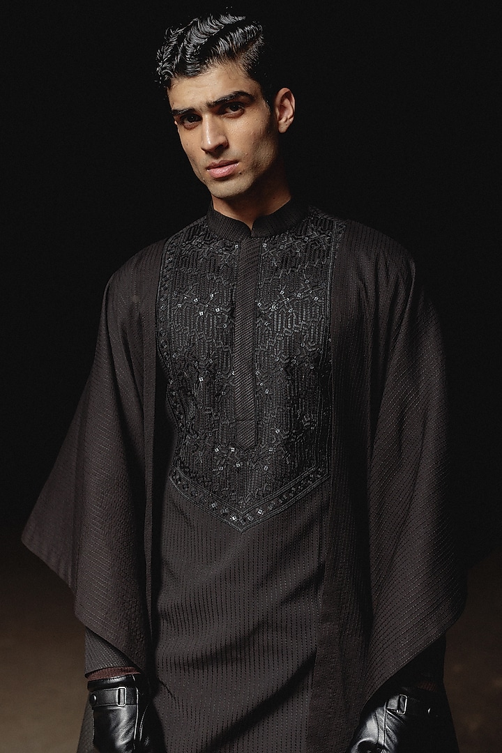 Black Silk Hand Embroidered Kurta Set by Amaare at Pernia's Pop Up Shop