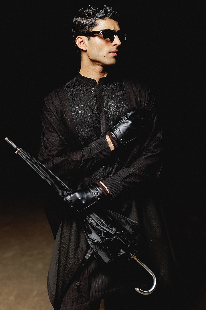 Black Silk Hand Embroidered Kurta Set by Amaare at Pernia's Pop Up Shop