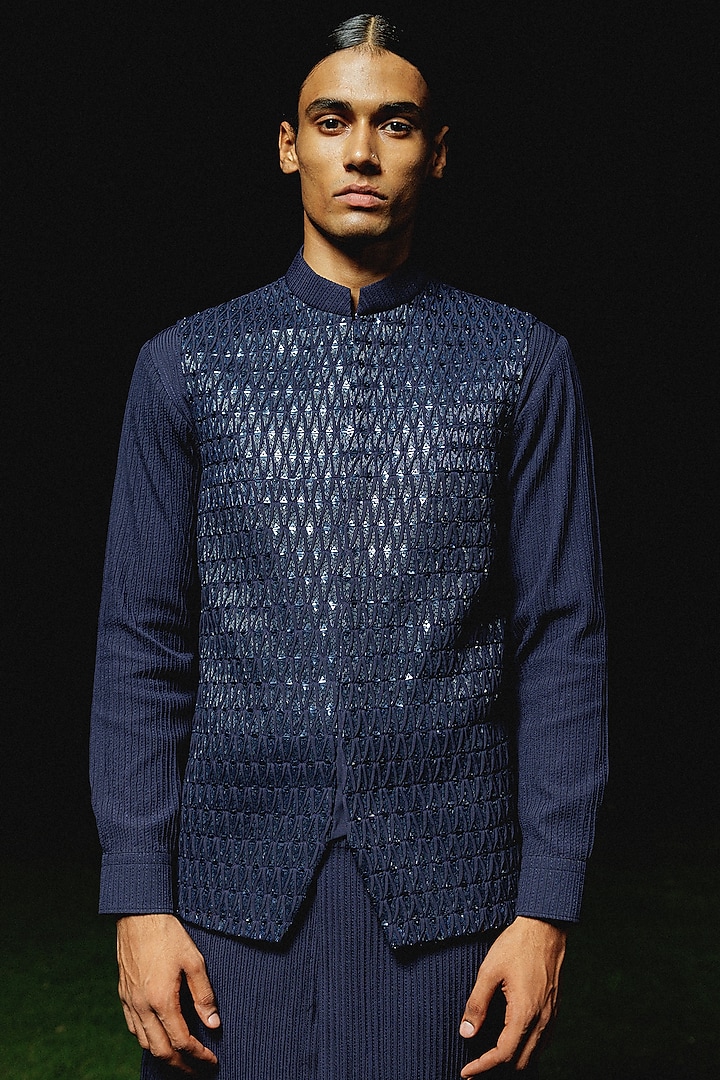 Navy Blue Silk Hand Embroidered Bundi Jacket Set by Amaare at Pernia's Pop Up Shop