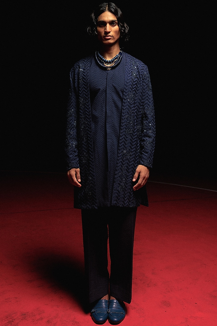 Navy Blue Silk Hand Embroidered Kurta Set by Amaare