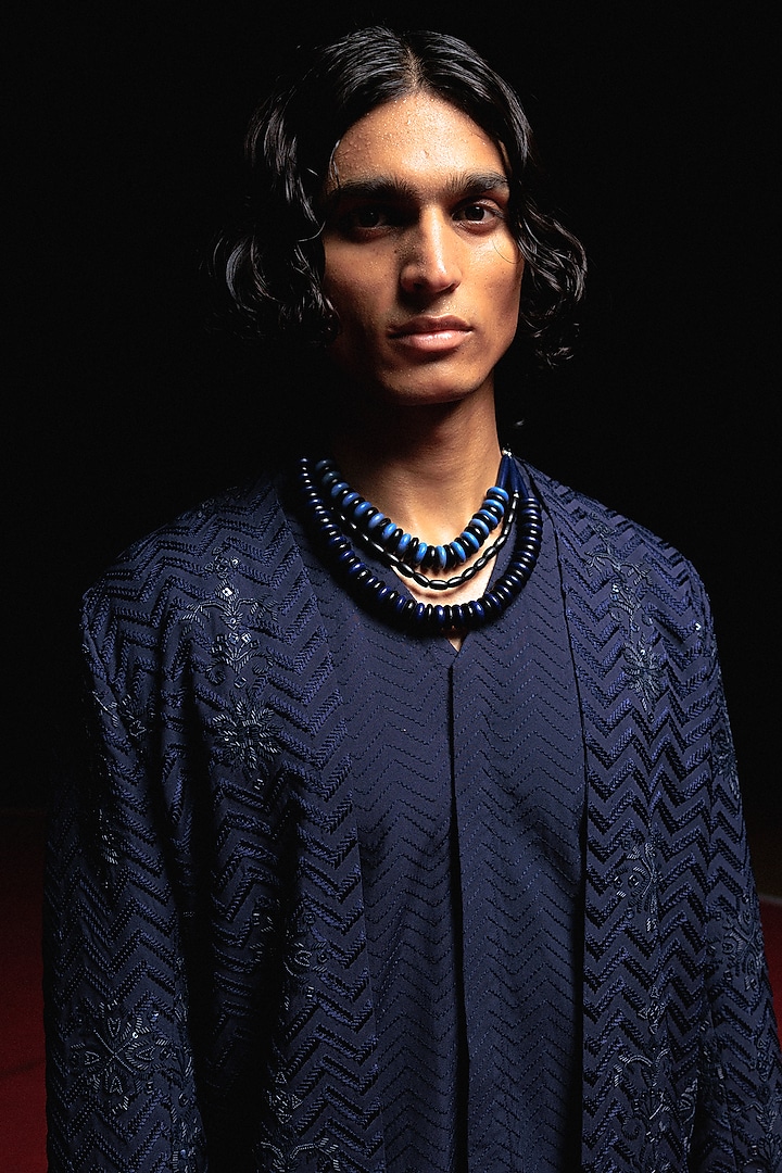 Navy Blue Silk Hand Embroidered Kurta Set by Amaare at Pernia's Pop Up Shop