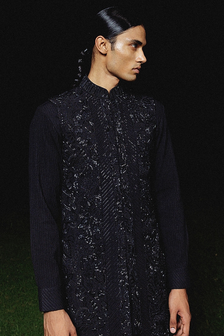 Black Silk Hand Embroidered Bundi Jacket Set by Amaare at Pernia's Pop Up Shop