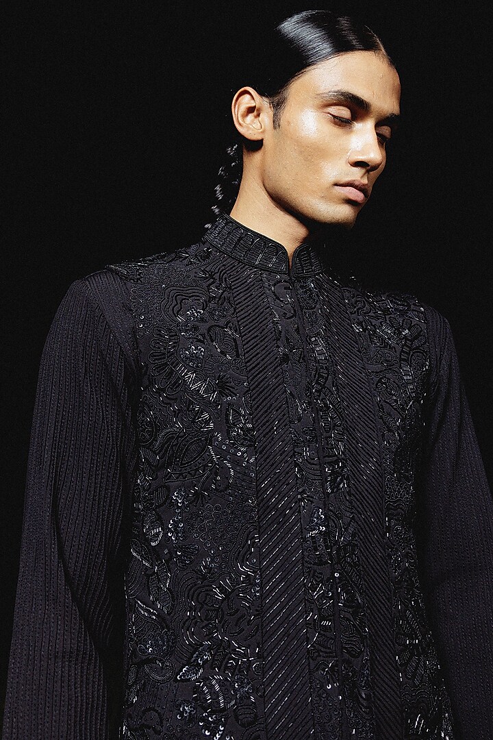 Black Silk Hand Embroidered Bundi Jacket Set by Amaare at Pernia's Pop Up Shop