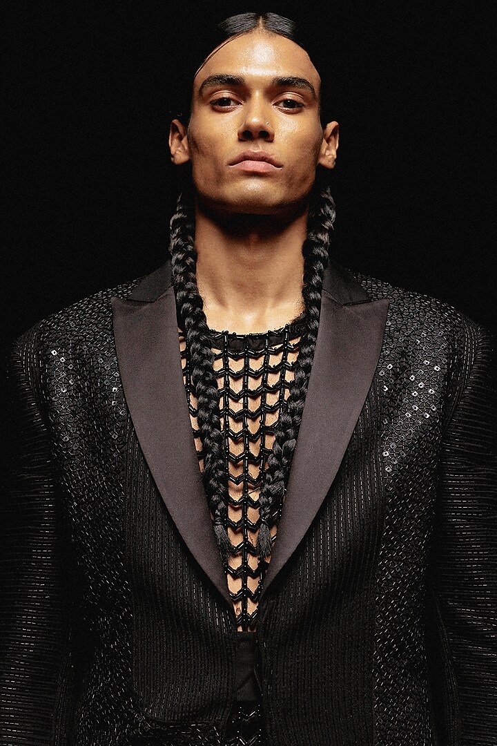 Black Suiting Hand Embroidered Tuxedo Set by Amaare at Pernia's Pop Up Shop