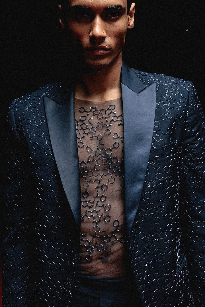 Teal Suiting Hand Embroidered Tuxedo Set by Amaare at Pernia's Pop Up Shop