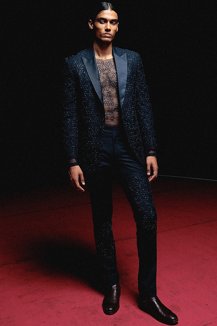 Teal Suiting Hand Embroidered Tuxedo Set by Amaare at Pernia's Pop Up Shop