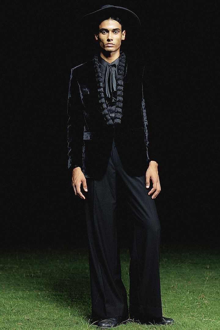 Black Silk Wool Blend Embroidered Tuxedo Set by Amaare at Pernia's Pop Up Shop