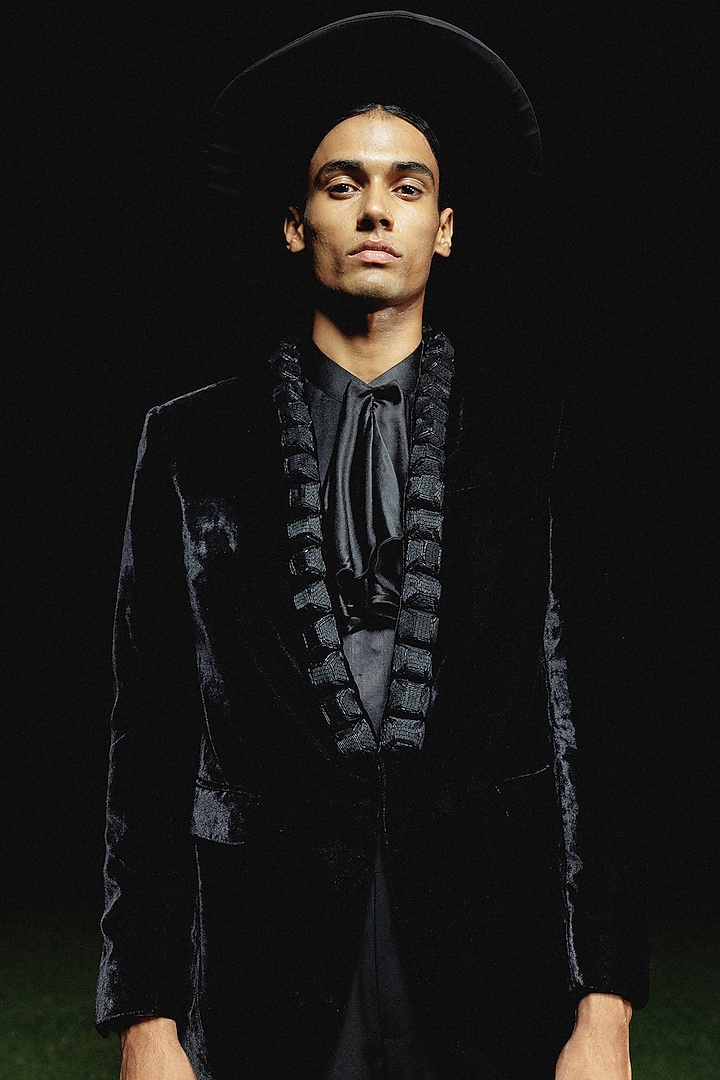 Black Silk Wool Blend Embroidered Tuxedo Set by Amaare at Pernia's Pop Up Shop