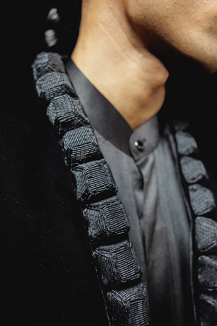 Black Silk Wool Blend Embroidered Tuxedo Set by Amaare at Pernia's Pop Up Shop