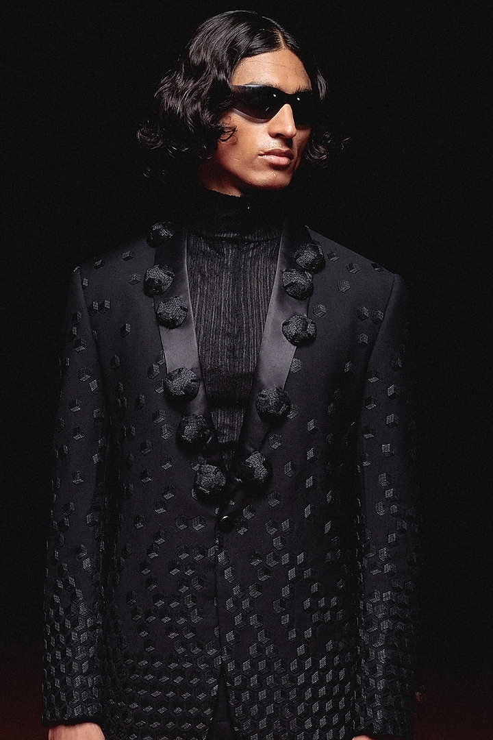 Black Silk Wool Blend Hand Embroidered Tuxedo Set by Amaare at Pernia's Pop Up Shop