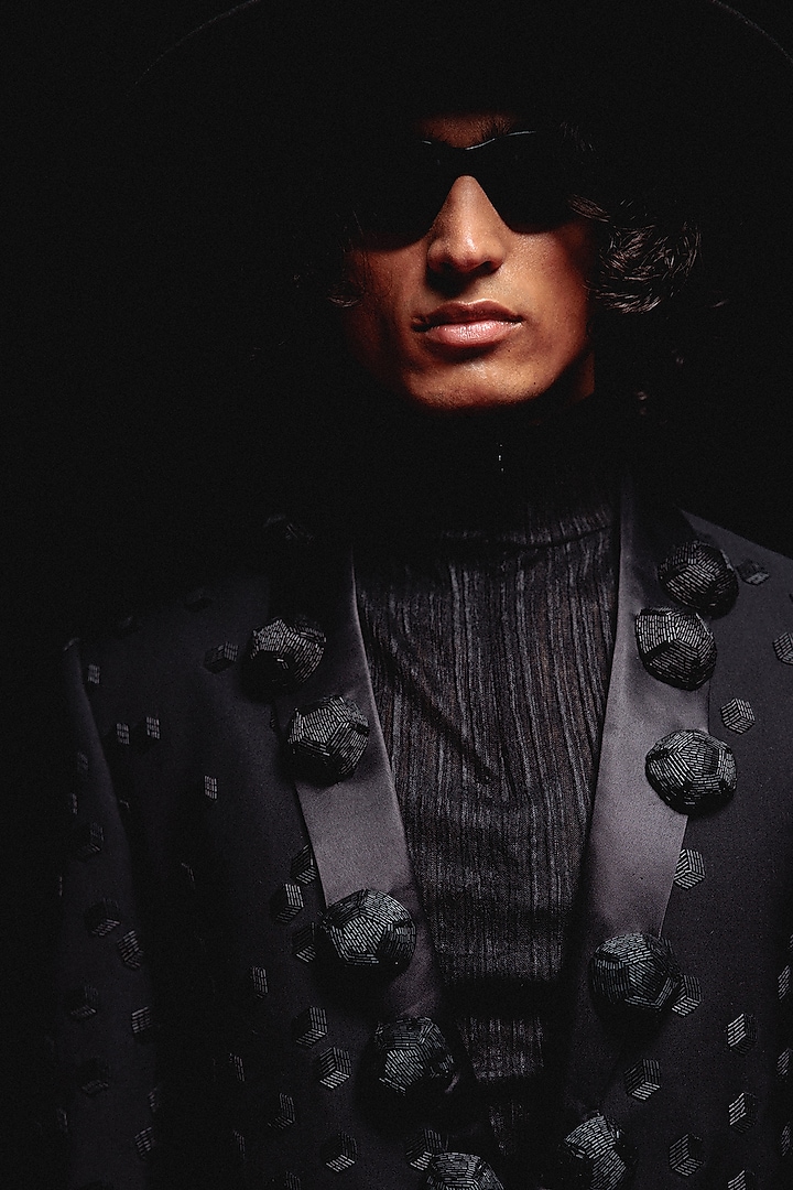 Black Silk Wool Blend Hand Embroidered Tuxedo Set by Amaare at Pernia's Pop Up Shop