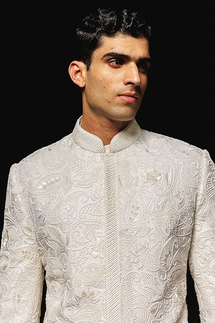Ivory Silk Hand Embroidered Groom Sherwani Set by Amaare at Pernia's Pop Up Shop