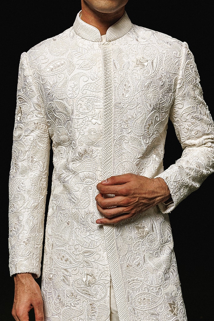 Ivory Silk Hand Embroidered Groom Sherwani Set by Amaare at Pernia's Pop Up Shop