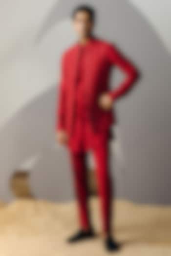 Red Silk Wool Blend Sequins Embroidered Nehru Jacket Set by Amaare at Pernia's Pop Up Shop