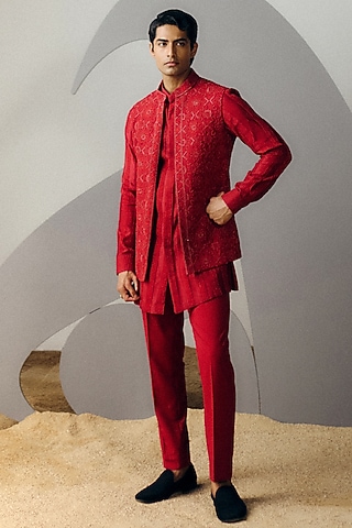 Red Silk Wool Blend Sequins Embroidered Nehru Jacket Set by Amaare