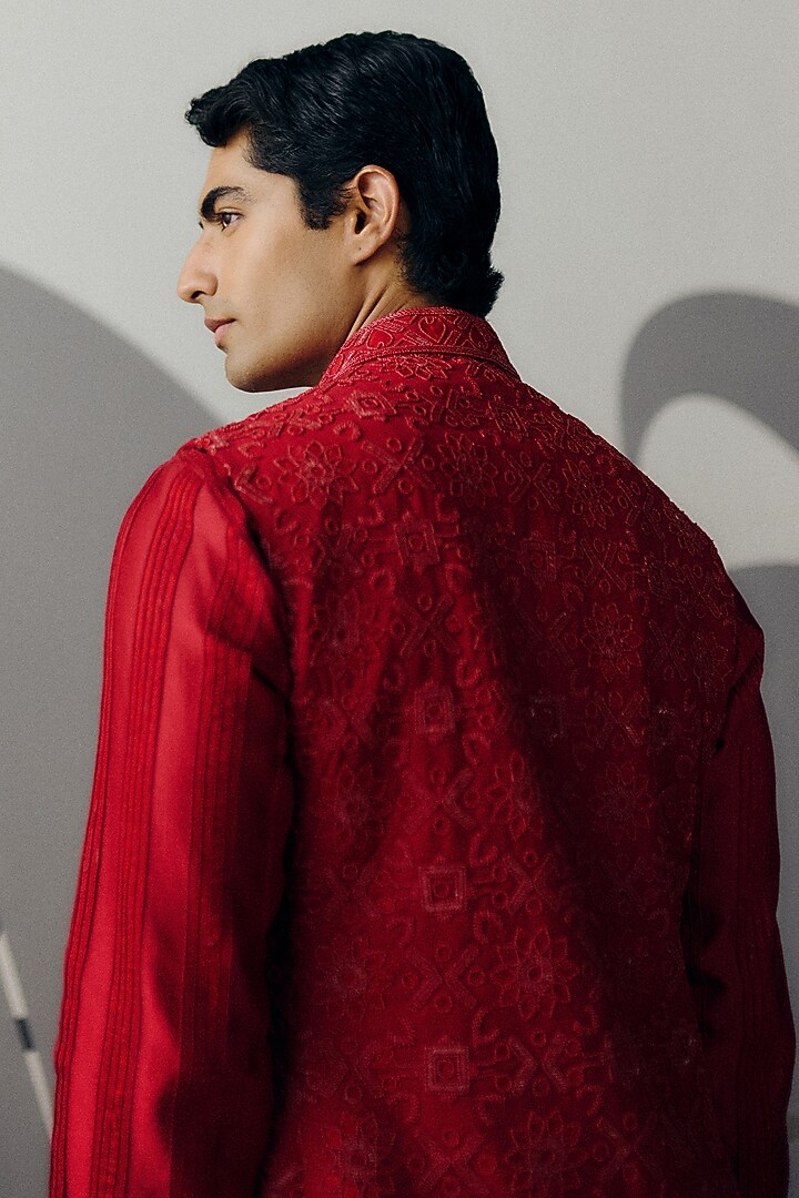 Red Silk Wool Blend Sequins Embroidered Nehru Jacket Set by Amaare at Pernia's Pop Up Shop