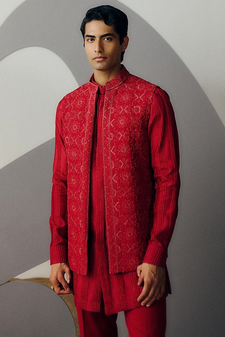 Red Silk Wool Blend Sequins Embroidered Nehru Jacket Set by Amaare at Pernia's Pop Up Shop