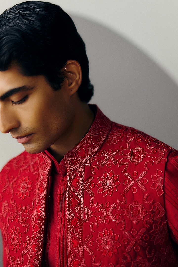 Red Silk Wool Blend Sequins Embroidered Nehru Jacket Set by Amaare at Pernia's Pop Up Shop