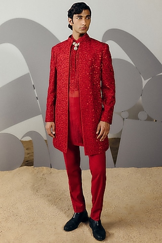 Red Silk Wool Blend Sequins Embroidered Indo-Western Set by Amaare