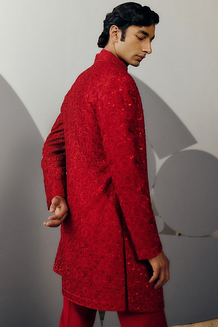 Red Silk Wool Blend Sequins Embroidered Indo-Western Set by Amaare at Pernia's Pop Up Shop