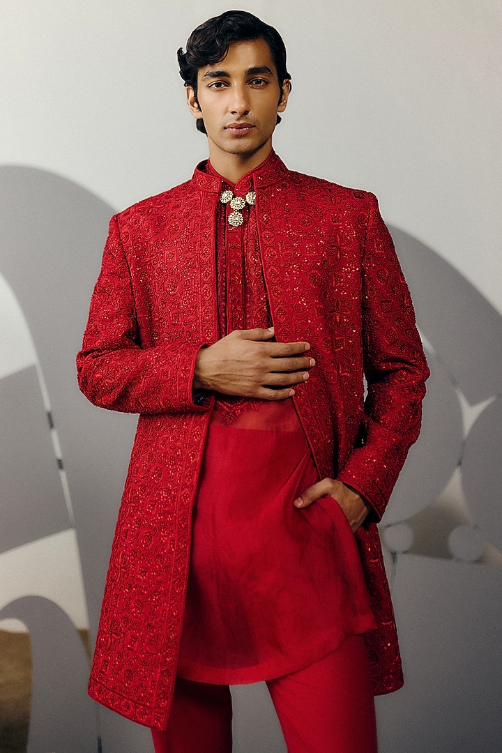 Red Silk Wool Blend Sequins Embroidered Indo-Western Set by Amaare at Pernia's Pop Up Shop