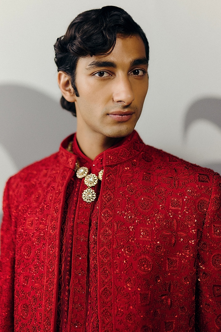 Red Silk Wool Blend Sequins Embroidered Indo-Western Set by Amaare at Pernia's Pop Up Shop